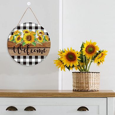 Sunflower Welcome Sign with Buffalo Plaid for Front Door & Wall Décor