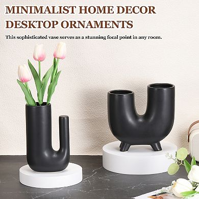 U-Shaped High-Low Vase in Black, Black Minimalist Home Decor Desktop Ornaments for TV Cabinet