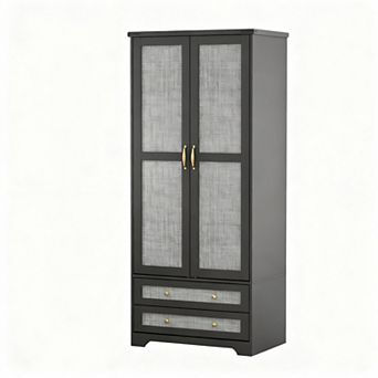 70" Modern Tall Wardrobe with Hanging Rod, Adjustable Shelf, 2 Drawers