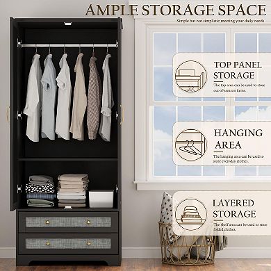 70" Modern Tall Wardrobe with Hanging Rod, Adjustable Shelf, 2 Drawers