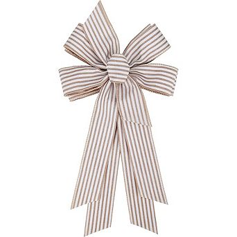 Large Burlap Ribbon Bow with White Stripes for Wreaths