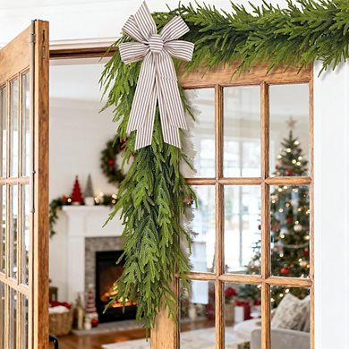 Large Burlap Ribbon Bow with White Stripes for Wreaths