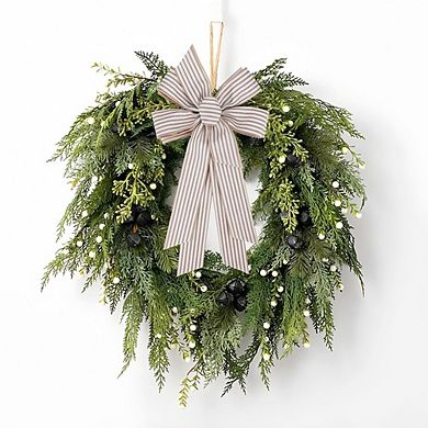 Large Burlap Ribbon Bow with White Stripes for Wreaths