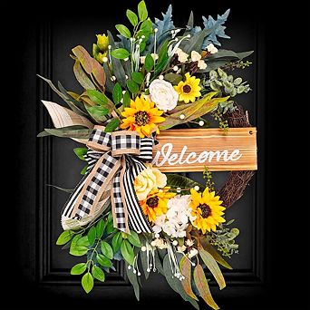 22" Sunflower Welcome Sign Wreath for Front Door, Porch, Wall & Window