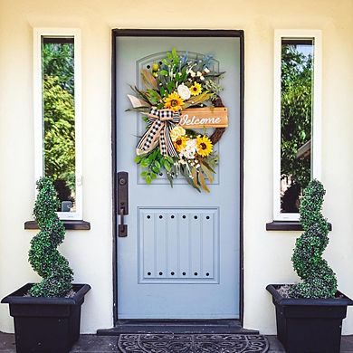 22" Sunflower Welcome Sign Wreath for Front Door, Porch, Wall & Window