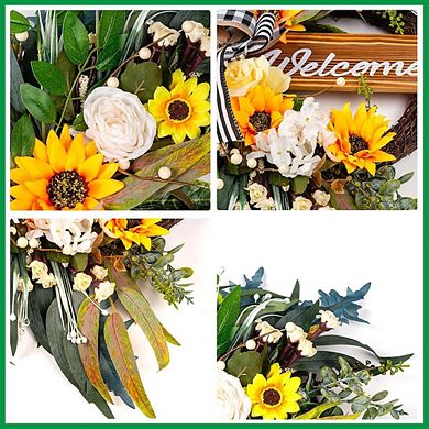 22" Sunflower Welcome Sign Wreath for Front Door, Porch, Wall & Window