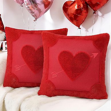 Valentine’s Day Pillow Covers 18x18, Red Heart Arrow Plush Set of 2