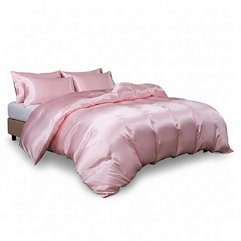 5 pc Satin Duvet Cover Set, Full/Queen Blush Pink Luxury Silky with Zipper