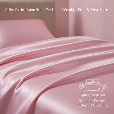 5pc Satin Duvet Cover Set, Full/Queen Blush Pink Luxury Silky with Zipper