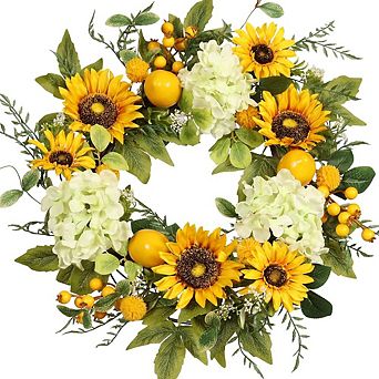 22" Sunflower Wreath with Hydrangeas & Lemons - Summer Door Decor