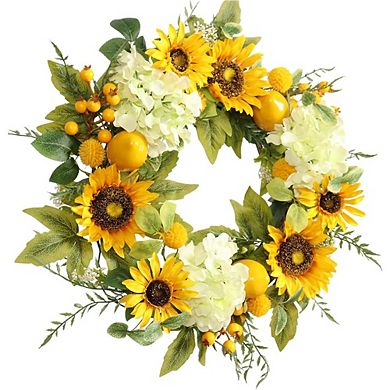 22" Sunflower Wreath with Hydrangeas & Lemons - Summer Door Decor
