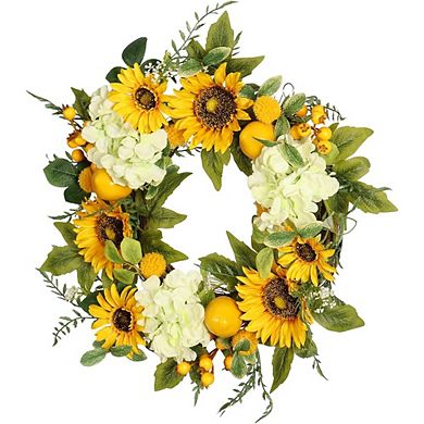 22" Sunflower Wreath with Hydrangeas & Lemons - Summer Door Decor