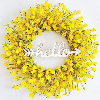 22" Yellow Forsythia Wreath with Detachable Hello Sign for Front Door and Home Décor