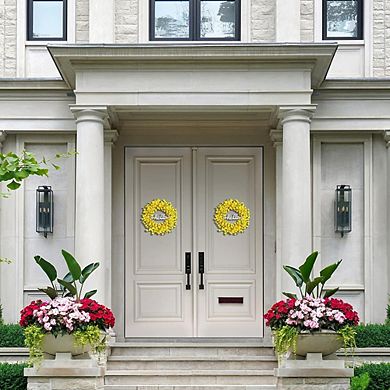 22" Yellow Forsythia Wreath with Detachable Hello Sign for Front Door and Home Décor