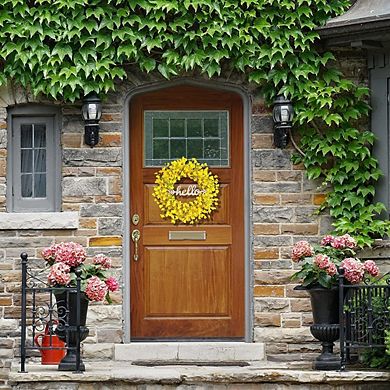 22" Yellow Forsythia Wreath with Detachable Hello Sign for Front Door and Home Décor