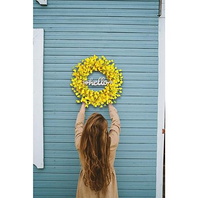 22" Yellow Forsythia Wreath with Detachable Hello Sign for Front Door and Home Décor