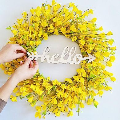 22" Yellow Forsythia Wreath with Detachable Hello Sign for Front Door and Home Décor