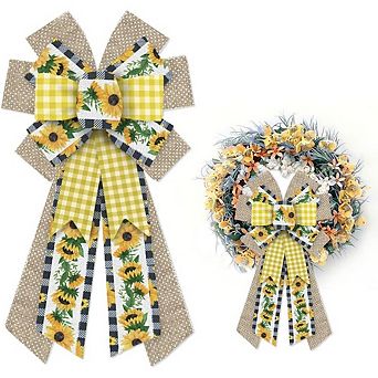 "Large Yellow Sunflower Buffalo Plaid Bows for Wreath & Farmhouse Decor"