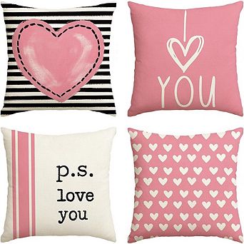 Valentine’s Day Heart Stripe “I Love You” Pillow Covers 18x18 Inch, Set of 4