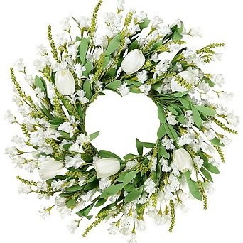 White Flower Wreath with Tulips & Lavender for Front Door & Home Decor