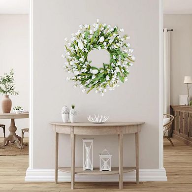 White Flower Wreath with Tulips & Lavender for Front Door & Home Decor