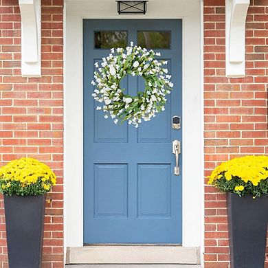 White Flower Wreath with Tulips & Lavender for Front Door & Home Decor
