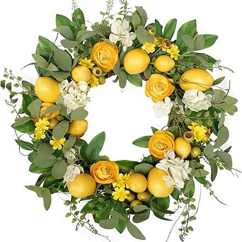 20" Artificial Lemon Wreath with Peony, Hydrangea, Berries & Green Leaves for Door or Wall Decor