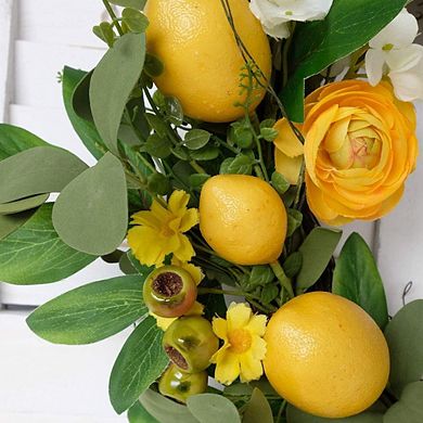 20" Artificial Lemon Wreath with Peony, Hydrangea, Berries & Green Leaves for Door or Wall Decor