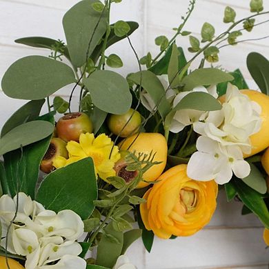 20" Artificial Lemon Wreath with Peony, Hydrangea, Berries & Green Leaves for Door or Wall Decor