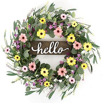 24 Inch Daisy Summer Wreath with Hello Sign for Front Door Decor