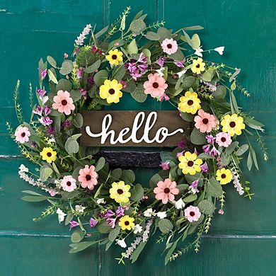 24 Inch Daisy Summer Wreath with Hello Sign for Front Door Decor