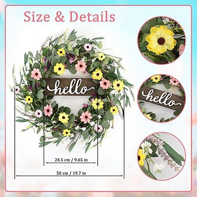 24 Inch Daisy Summer Wreath with Hello Sign for Front Door Decor