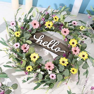 24 Inch Daisy Summer Wreath with Hello Sign for Front Door Decor