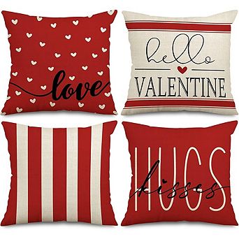 Valentine Pillow Covers 18x18 Inch Set of 4 Red & White Heart Cushions