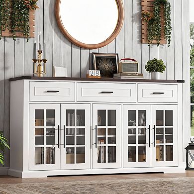 63" Farmhouse Sideboard with Glass Doors, 3 Drawers, Adjustable Shelves
