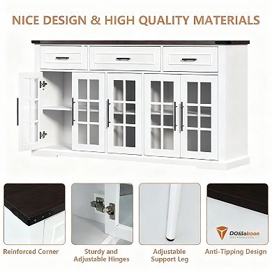 63" Farmhouse Sideboard with Glass Doors, 3 Drawers, Adjustable Shelves