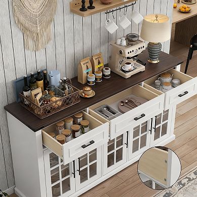 63" Farmhouse Sideboard with Glass Doors, 3 Drawers, Adjustable Shelves