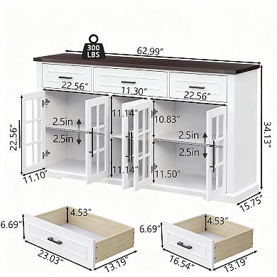 63" Farmhouse Sideboard with Glass Doors, 3 Drawers, Adjustable Shelves
