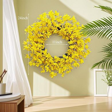 24-Inch Yellow Forsythia Summer Wreath for Front Door and Home Decor