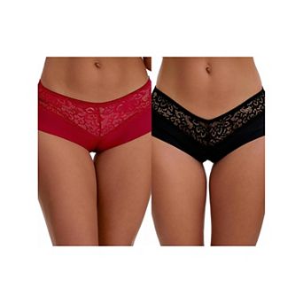 2 Packs Women's Lace Ice Silk Boyshorts Panties Hollow Out Mid Rise Comfort Briefs Underwear