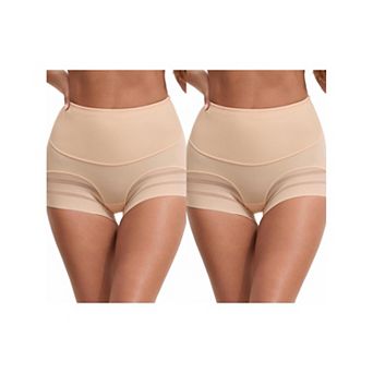 2 Packs Women's High Waisted Invisible Tummy Control Boyshorts Shapewear Stripe Mesh Underwear