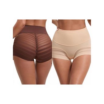 2 Packs Women's High Waisted Invisible Tummy Control Boyshorts Shapewear Stripe Mesh Underwear