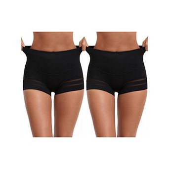2 Packs Women's High Waisted Invisible Tummy Control Boyshorts Shapewear Stripe Mesh Underwear