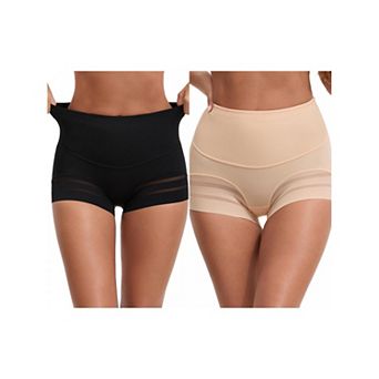 2 Packs Women's High Waisted Invisible Tummy Control Boyshorts Shapewear Stripe Mesh Underwear