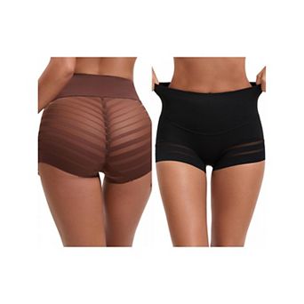 2 Packs Women's High Waisted Invisible Tummy Control Boyshorts Shapewear Stripe Mesh Underwear