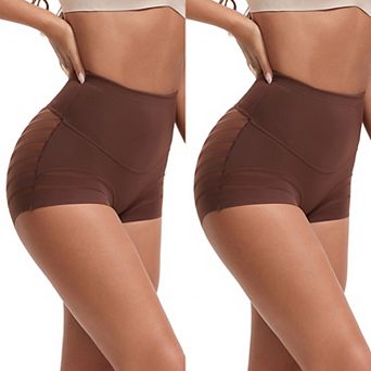 2 Packs Women's High Waisted Invisible Tummy Control Boyshorts Shapewear Stripe Mesh Underwear