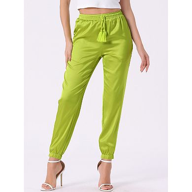 Women's Drawstring Elastic Waist Athleisure Pants Ankle Length Satin Joggers with Pockets