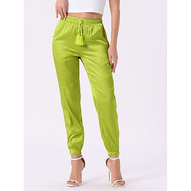 Women's Drawstring Elastic Waist Athleisure Pants Ankle Length Satin Joggers with Pockets