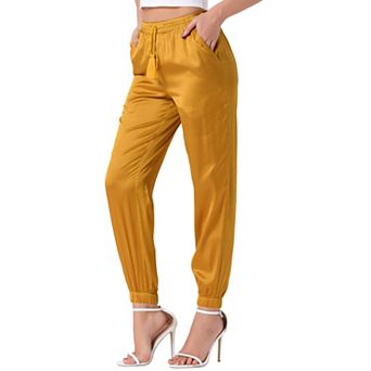 Women's Drawstring Elastic Waist Athleisure Pants Ankle Length Satin Joggers with Pockets