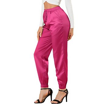 Women's Drawstring Elastic Waist Athleisure Pants Ankle Length Satin Joggers with Pockets